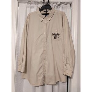 Mountain Lake Men's Embroidered Reindeer‎ Button Up Beige Long Sleeve Shirt 2XL